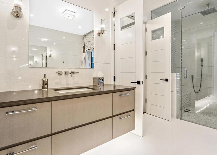 Bathroom vanity and shower.